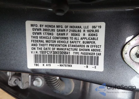 2019 Honda Civic Ex z USA, uszkodzony, nr VIN 19XFC1F38KE009841